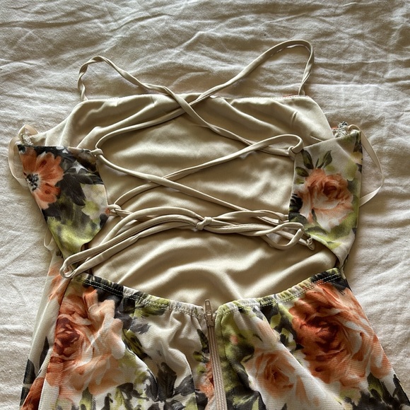 Floral Mesh Peach Mini Dress with Low Back Criss Cross Straps - Picture 3 of 4